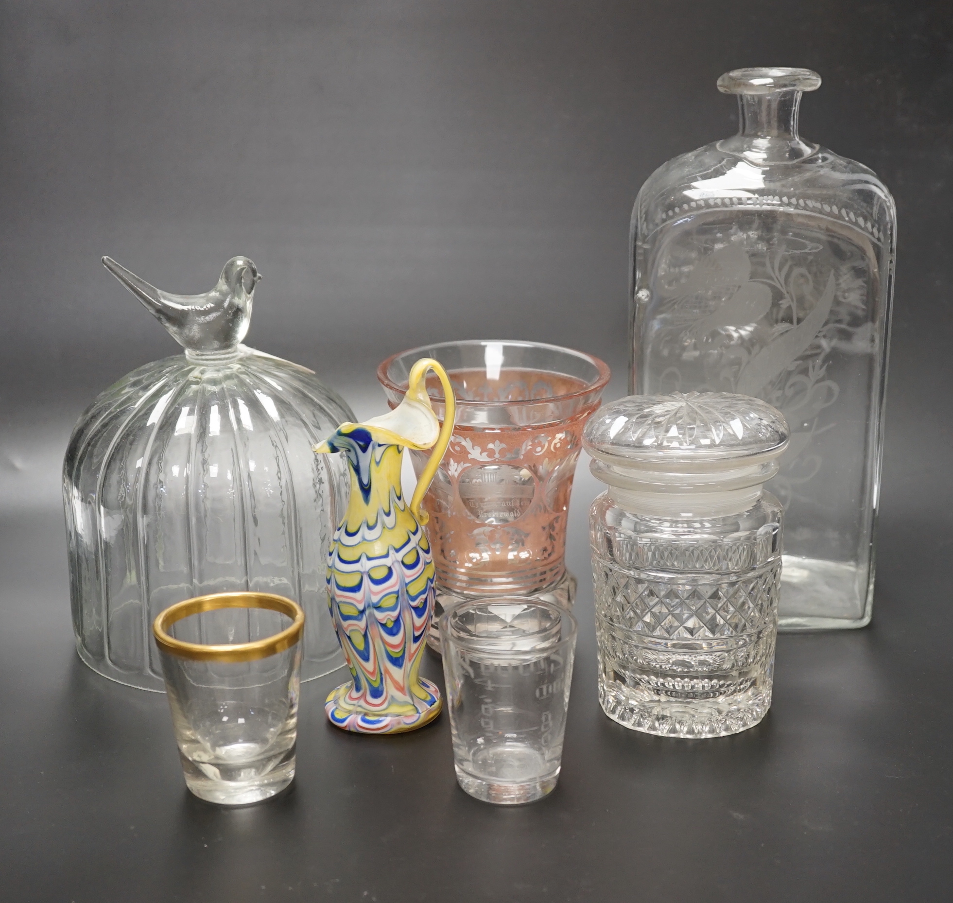 Fourteen 19th and early 20th century glass items, including a pair of turquoise Pearline dishes, an ink well, measuring glass, a pair of cut glass rinsers, a cut glass jar with a silver lid, a bottle of rectangular form,